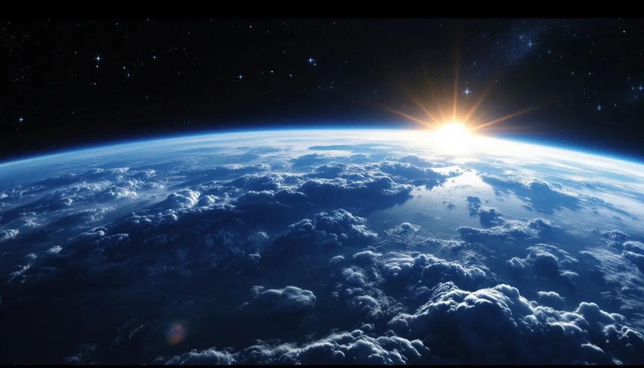 Die Erde mit schützender Atmosphäre im Weltraum.