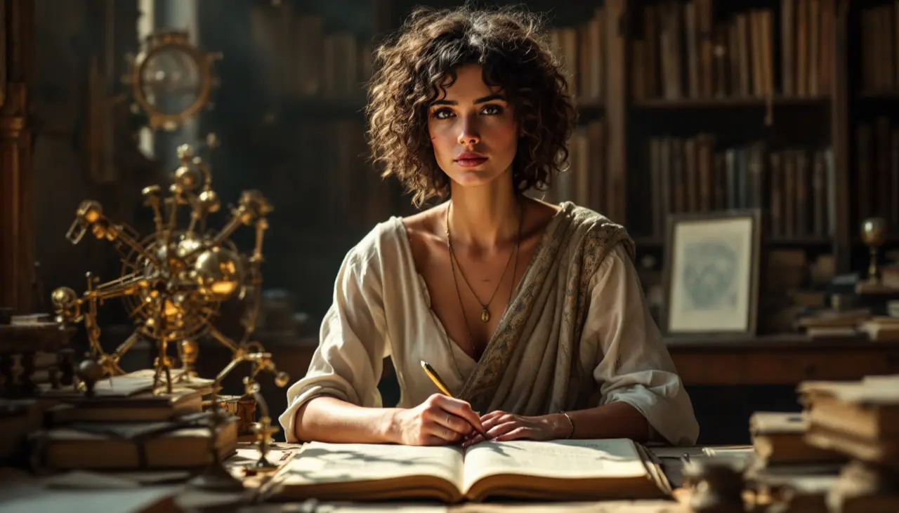 Frau in antiker Bibliothek mit astronomischen Instrumenten