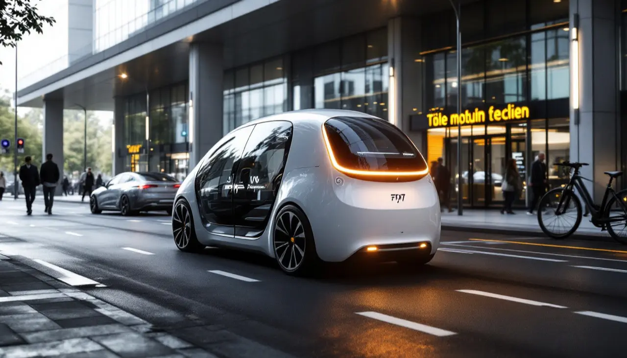 Futuristische Stadt mit modernen Verkehrsmitteln und grünen Elementen.