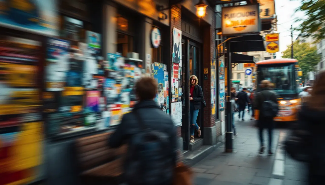 Städtische Szene mit Popkultur-Elementen wie Plakaten, Musik und Mode.