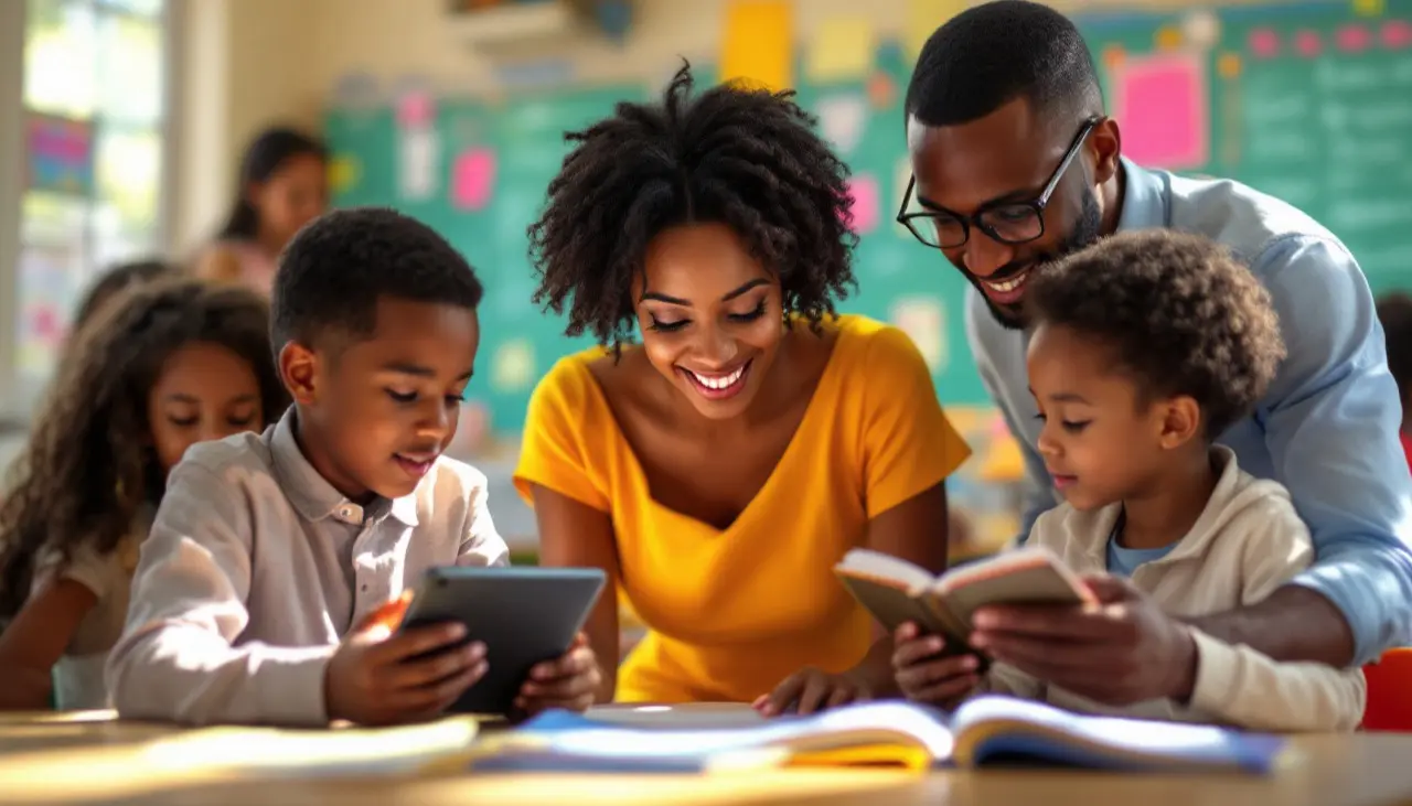 Kinder und Erwachsene lernen in einem Klassenzimmer mit moderner Technologie und traditionellen Methoden.