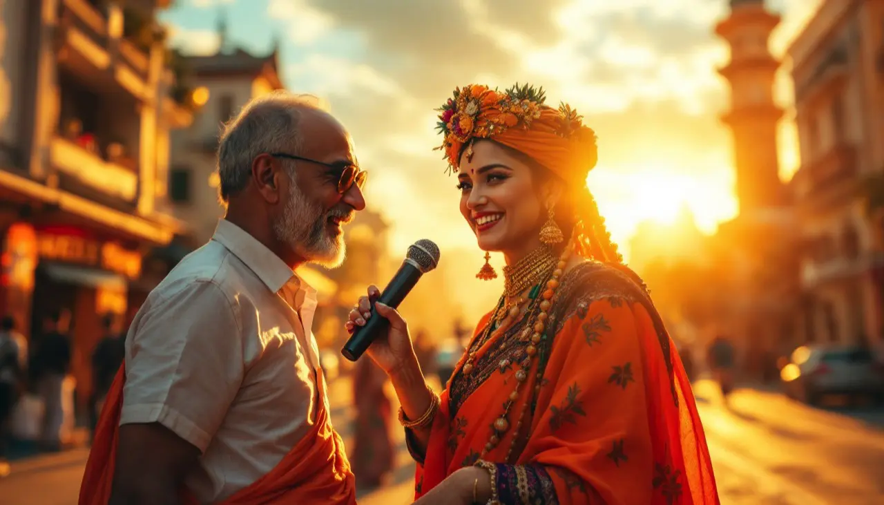 Menschen in traditioneller Kleidung vor einer Kulisse aus Wolkenkratzern und traditionellen Gebäuden.