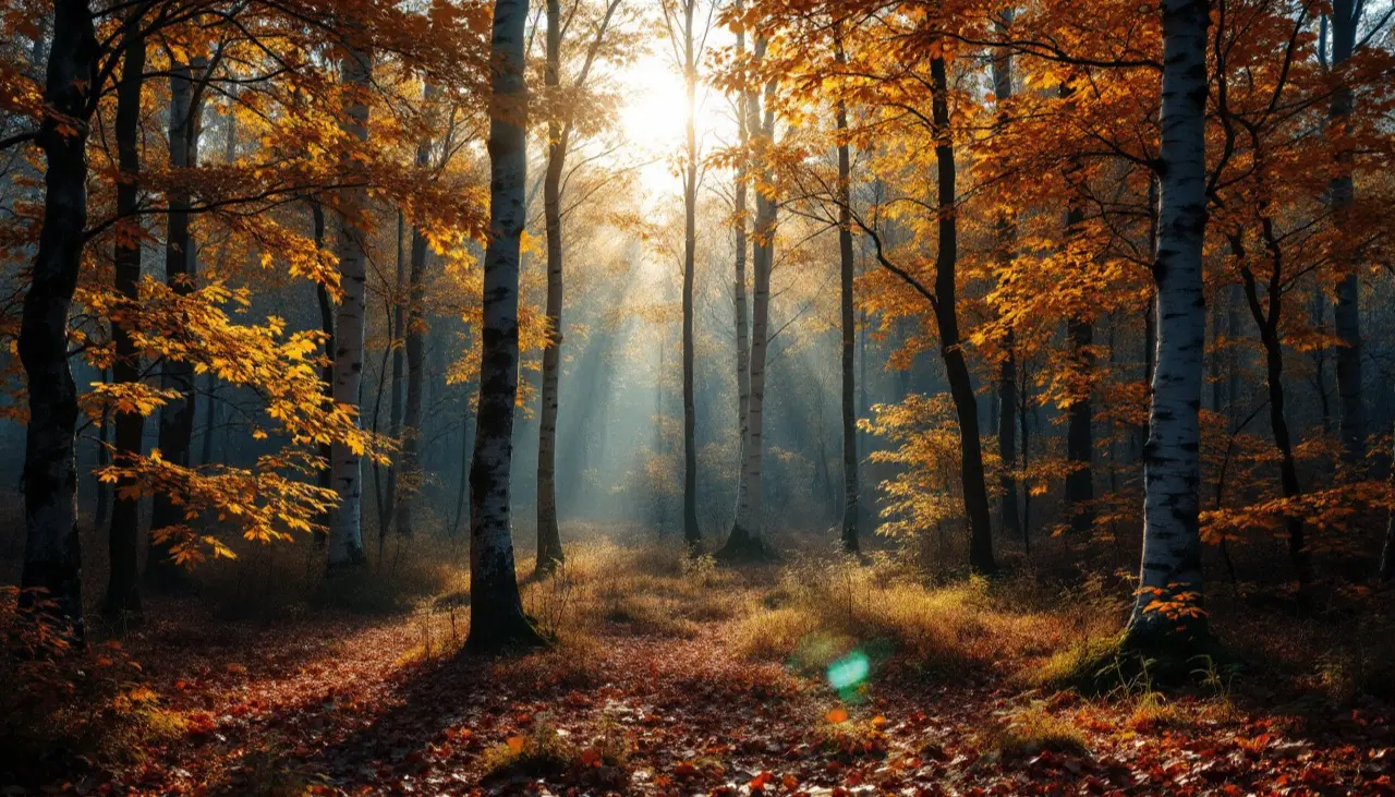 Ein dichter Wald mit Sonnenstrahlen