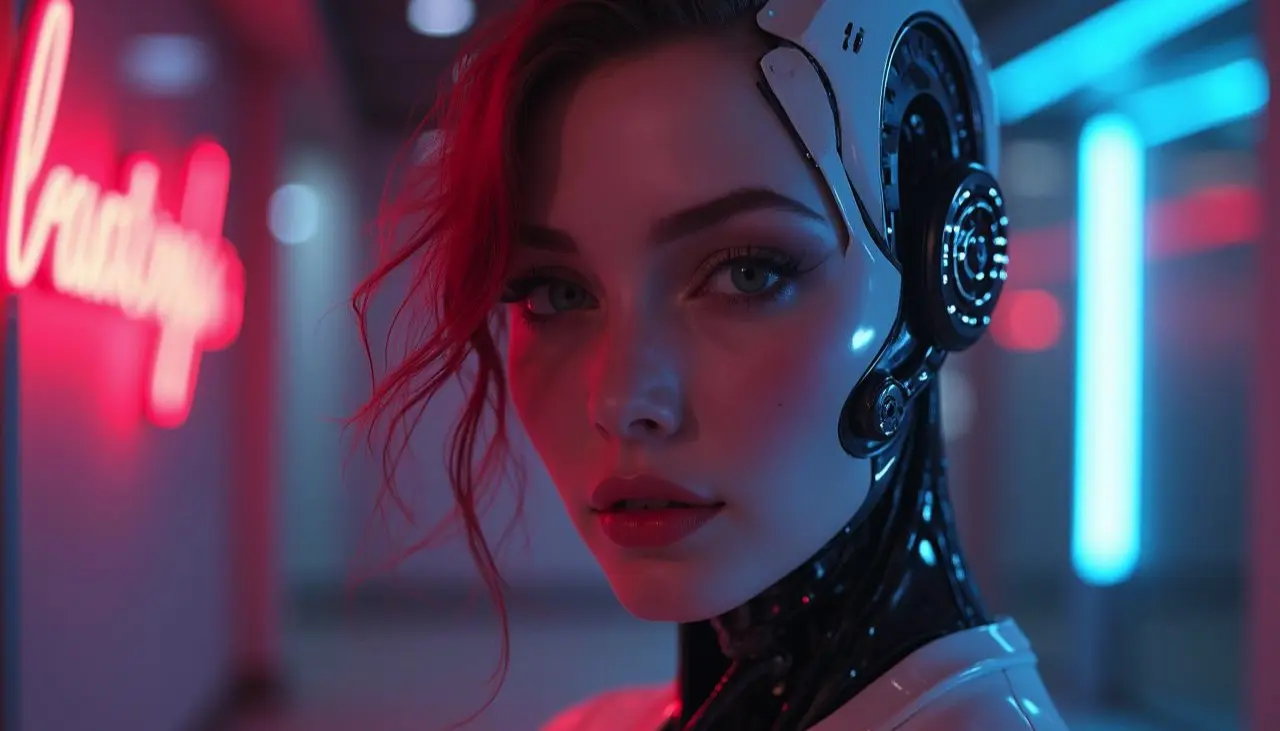 Porträt von Ava, dem KI-Chatbot Freundliches Porträt von Ava, einem humanoiden Roboter mit leuchtenden Augen und modernen, metallischen Akzenten