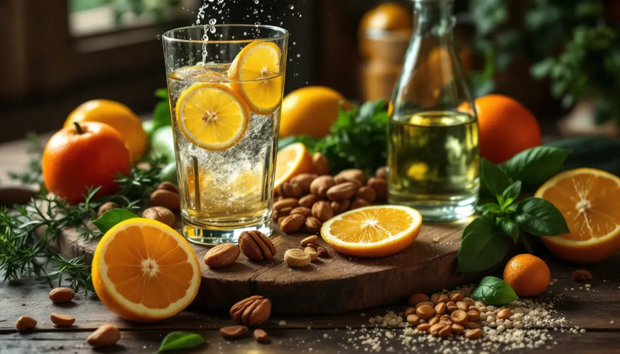 Lebensmittel für eine gesunde Haut, darunter Obst, Gemüse und Nüsse.