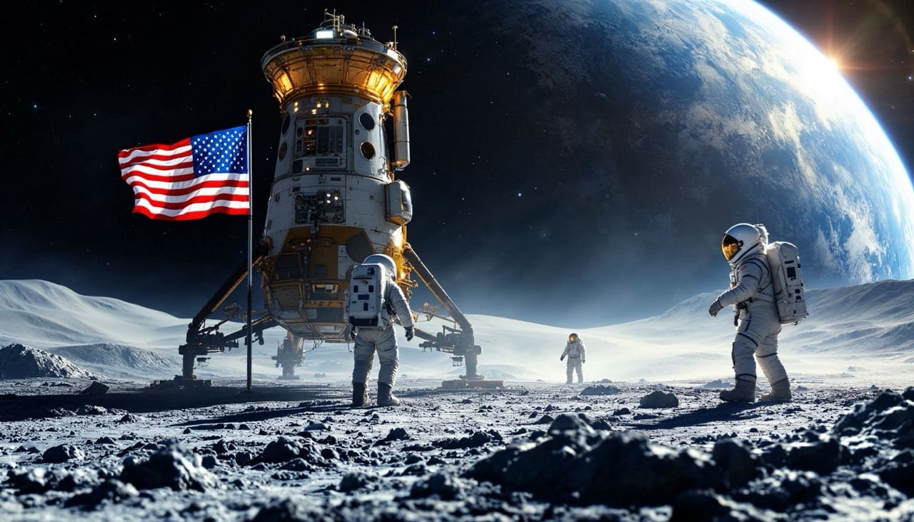Eine Rakete landet auf der Mondoberfläche, Astronauten hissen die amerikanische Flagge, die Erde ist im Hintergrund sichtbar.