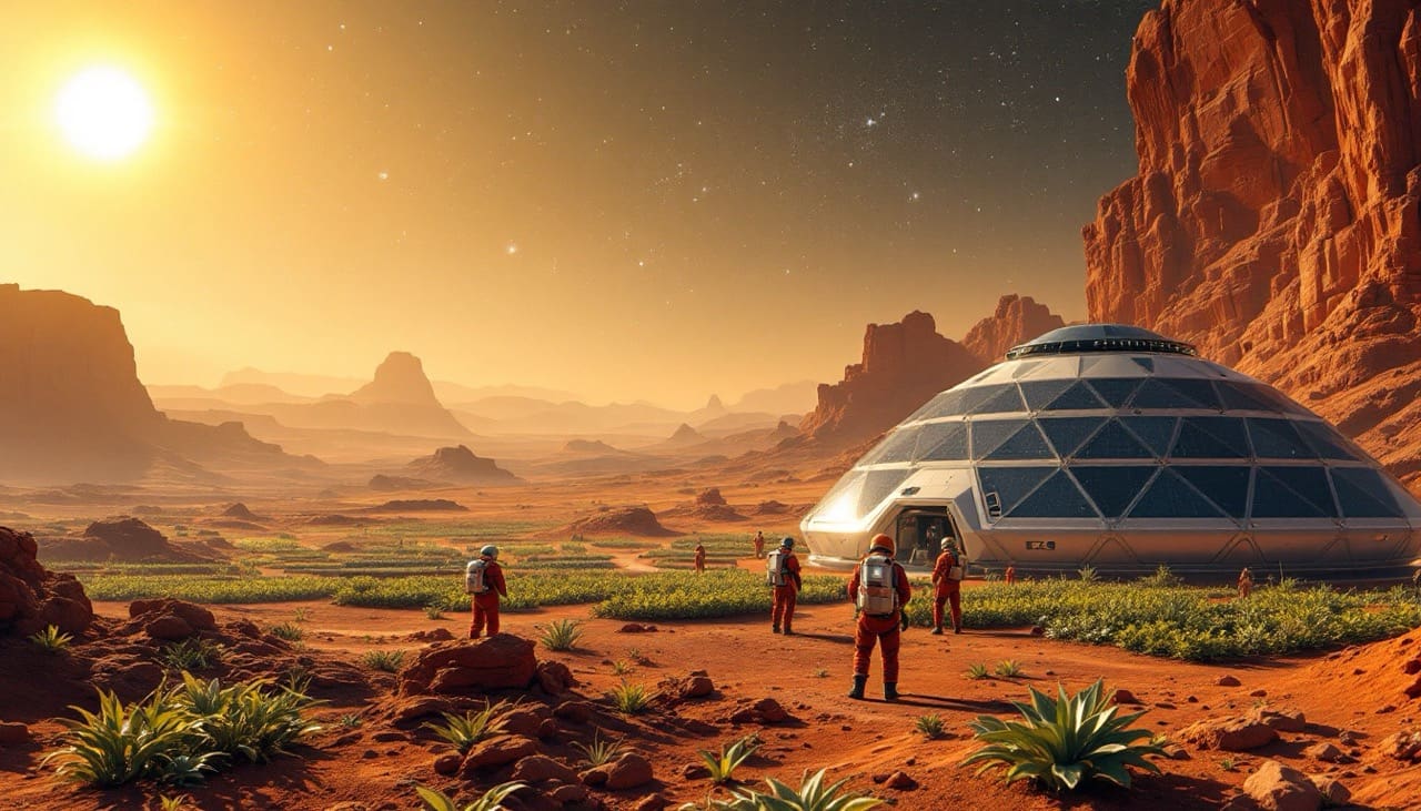 Darstellung einer futuristischen Mars-Kolonie mit Kuppeldächern und einem SpaceX-Raumschiff im Hintergrund.