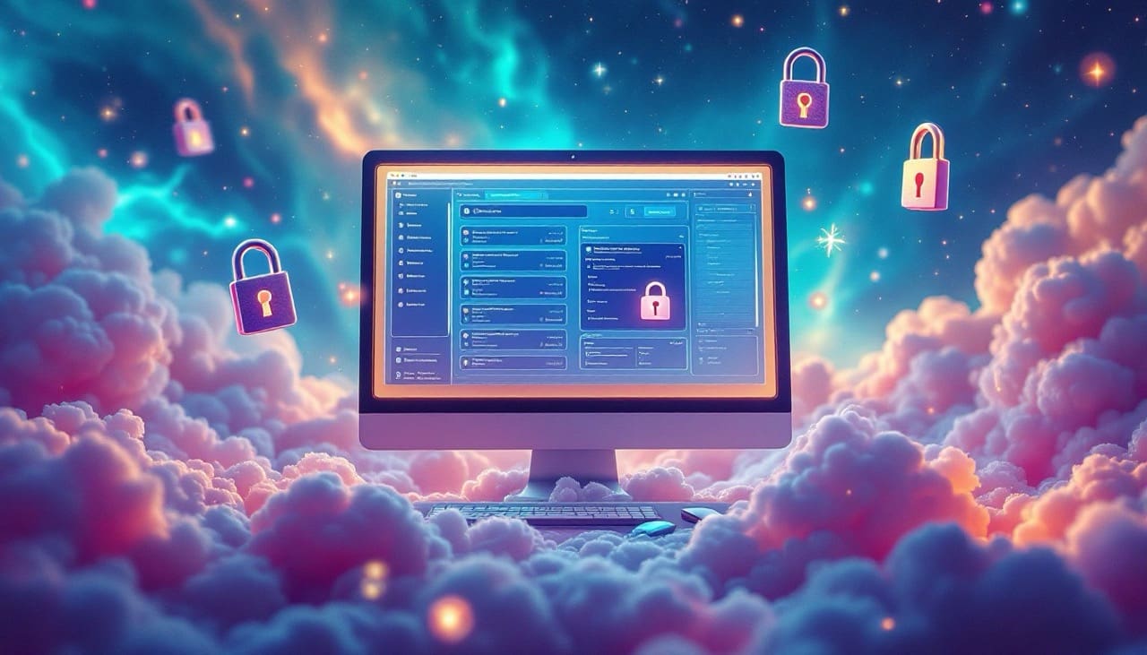 Ein Passwort-Manager auf einem Computerbildschirm, umgeben von Sicherheits-Symbolen wie Vorhängeschlössern und Schlüsseln.