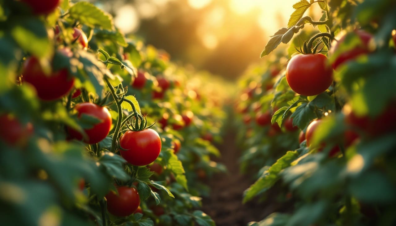Garten mit Tomatenpflanzen und reifen Tomaten