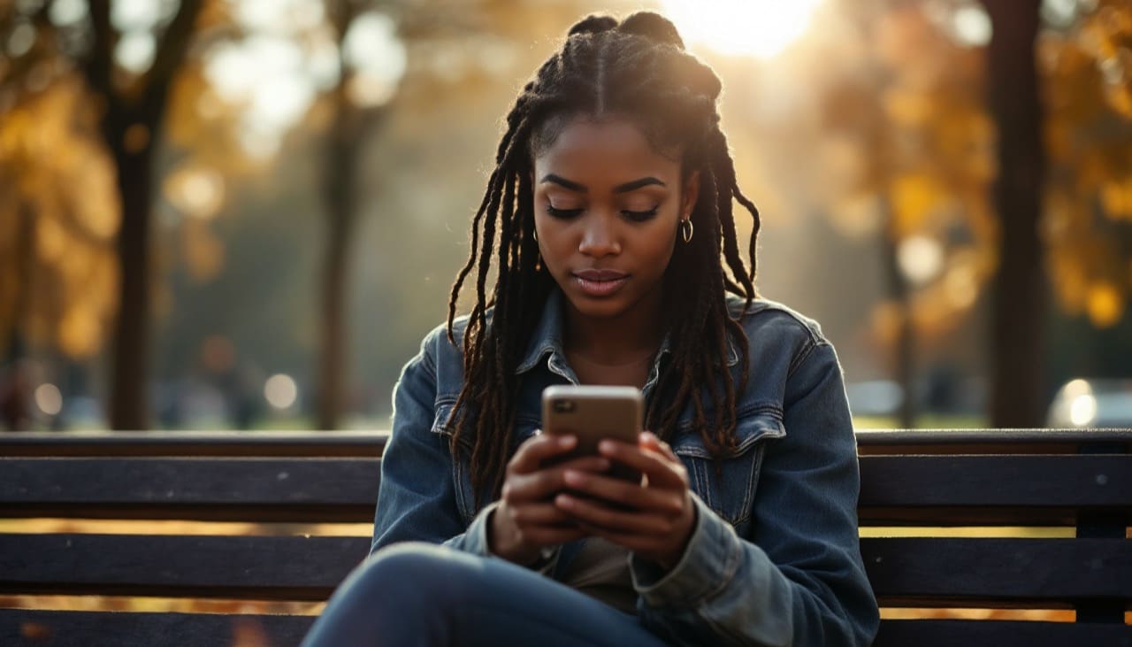 Person schaut nachdenklich auf ihr Smartphone, Social Media Posts im Hintergrund.