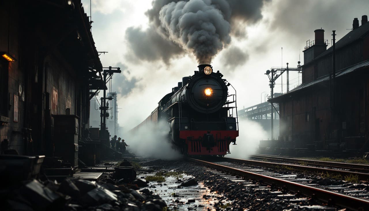 Dampflokomotive vor Fabriken mit Arbeitern im Vordergrund