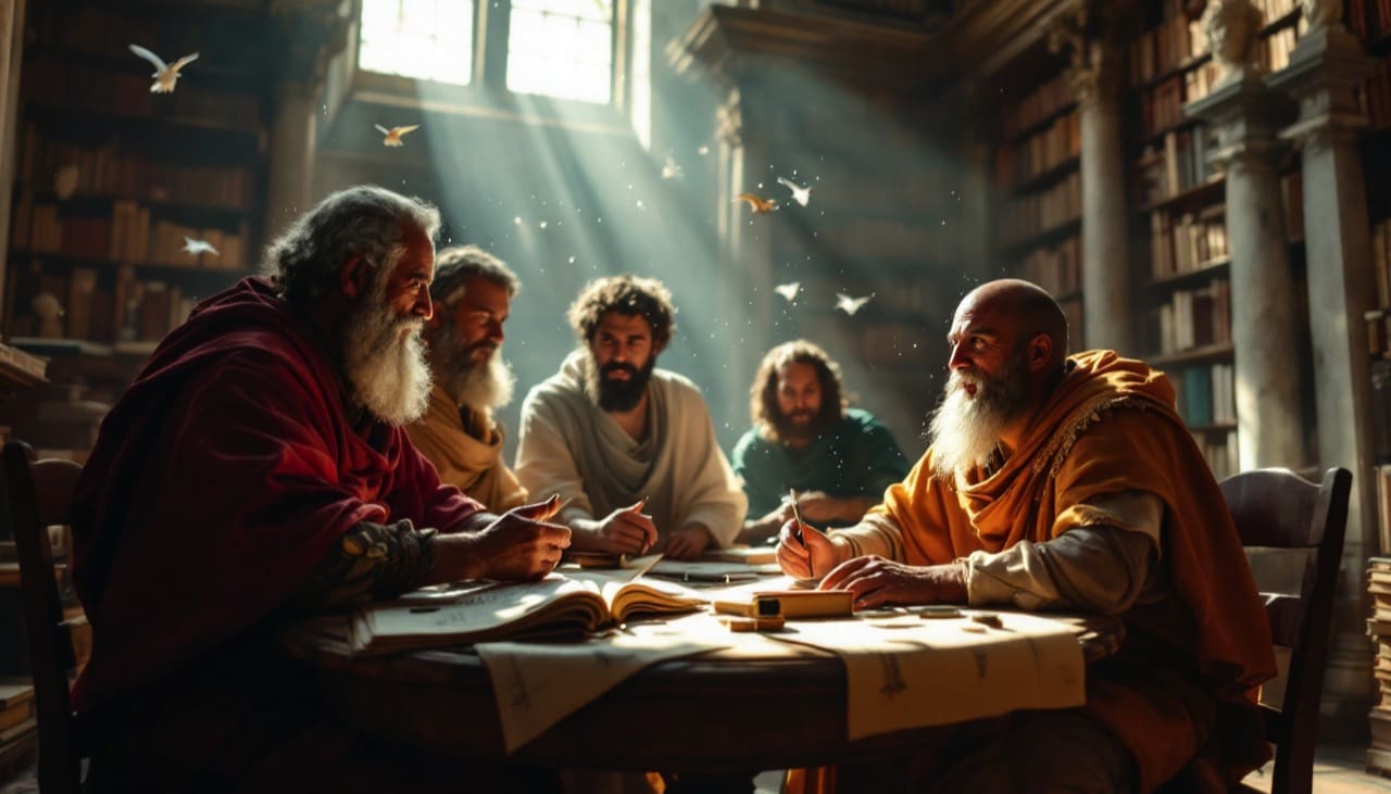 Antike Bibliothek mit Philosophen und Schriftrollen