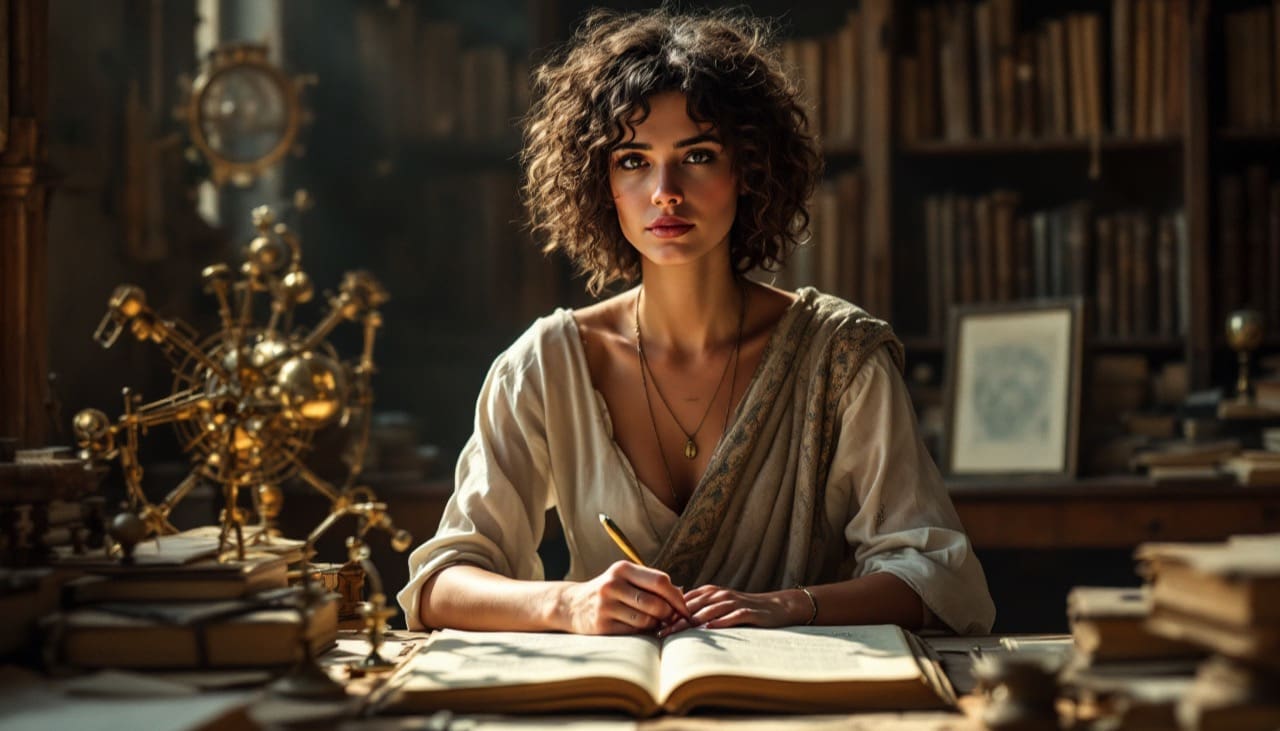 Frau in antiker Bibliothek mit astronomischen Instrumenten