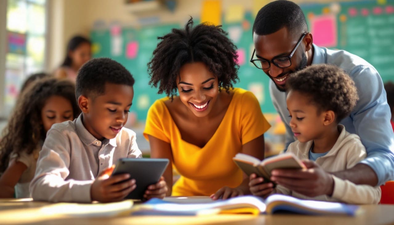 Kinder und Erwachsene lernen in einem Klassenzimmer mit moderner Technologie und traditionellen Methoden.