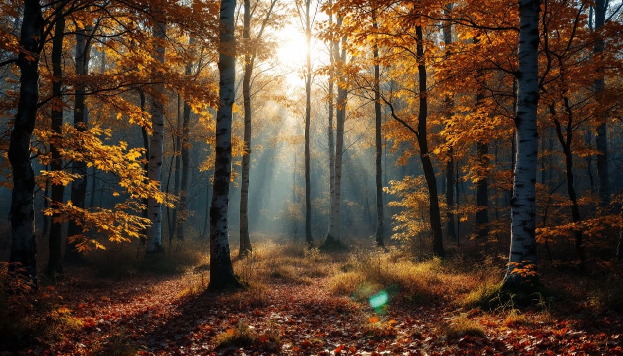 Ein dichter Wald mit Sonnenstrahlen