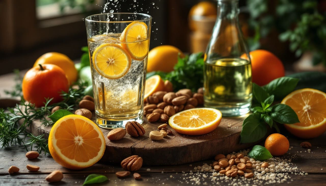 Lebensmittel für eine gesunde Haut, darunter Obst, Gemüse und Nüsse.